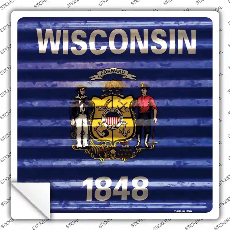 SQ-473s-S Wisconsin Flag Corrugated Effect Novelty Square Sticker Decal - Small