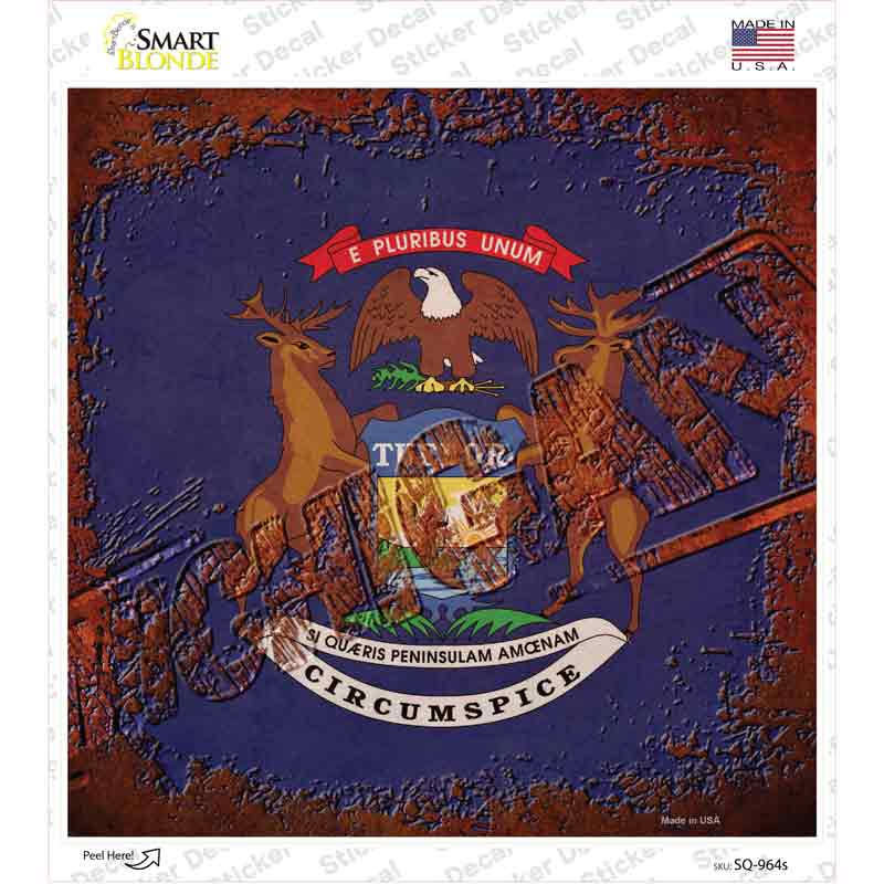 SQ-964s-M Michigan Rusty Stamped Novelty Square Sticker Decal - Medium
