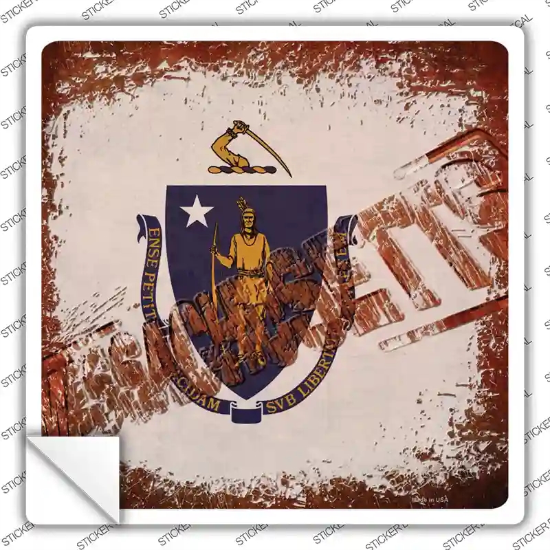 SQ-963s-L Massachusetts Rusty Stamped Novelty Square Sticker Decal - Large