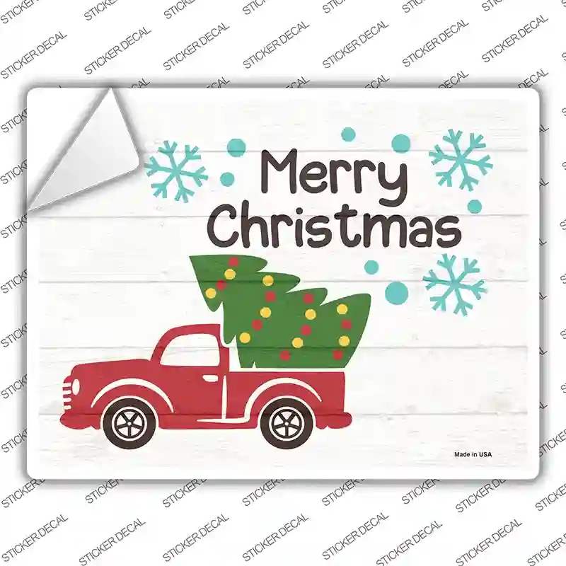 P-3441s-XL Merry Christmas Truck & Tree Novelty Rectangle Sticker Decal - Extra Large