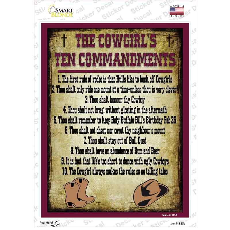 P-355s-M Cowgirls Ten Commandments Maroon Novelty Rectangle Sticker Decal - Medium