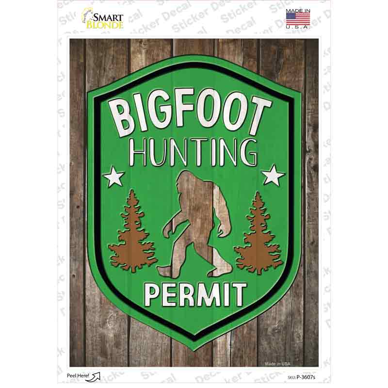 P-3607s-M Bigfoot Hunting Permit Novelty Rectangle Sticker Decal - Medium