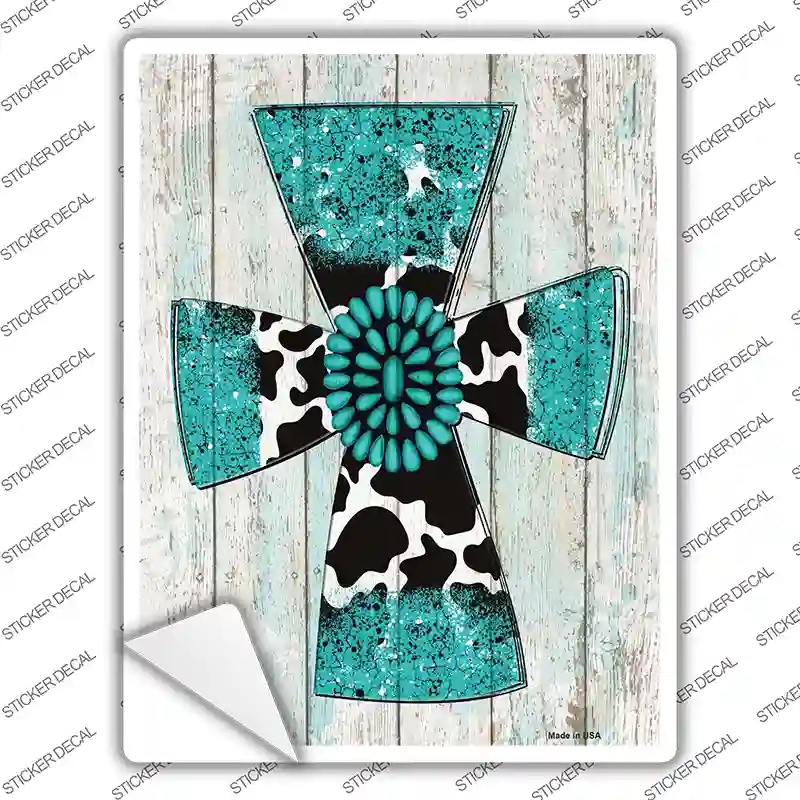 P-3704s-L Turquoise Cross Novelty Rectangle Sticker Decal - Large