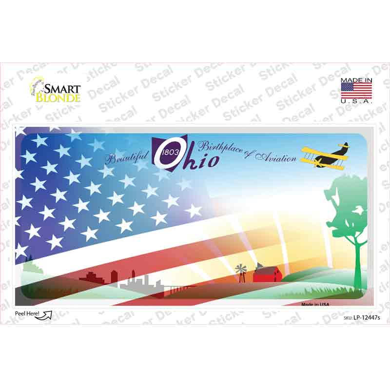 LP-12447s-M Ohio Half American Flag Novelty Sticker Decal - Medium