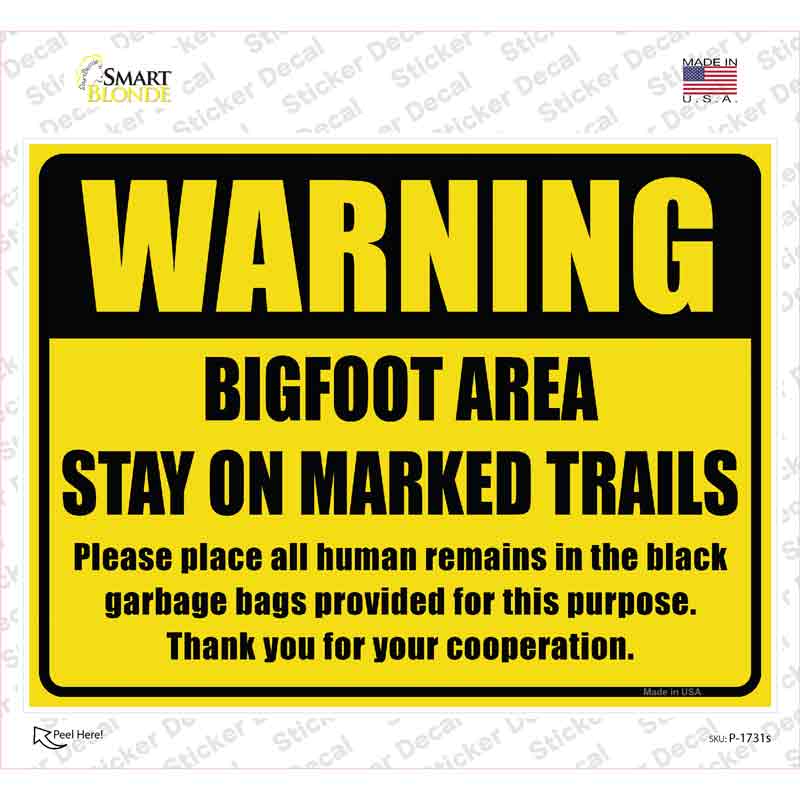 P-1731s-M Warning Bigfoot Area Novelty Rectangle Sticker Decal - Medium
