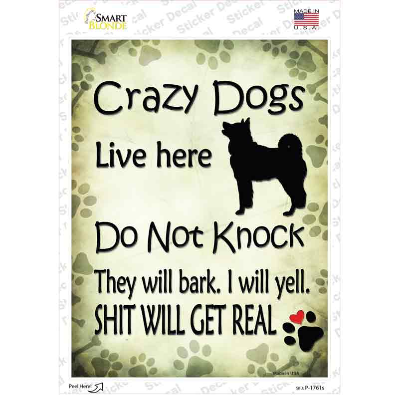 P-1761s-M Crazy Dog Will Bark Novelty Rectangle Sticker Decal - Medium