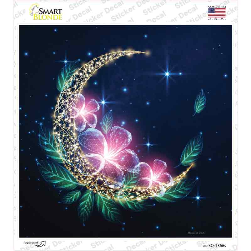 SQ-1366s-M Moon & Flowers Novelty Square Sticker Decal - Medium