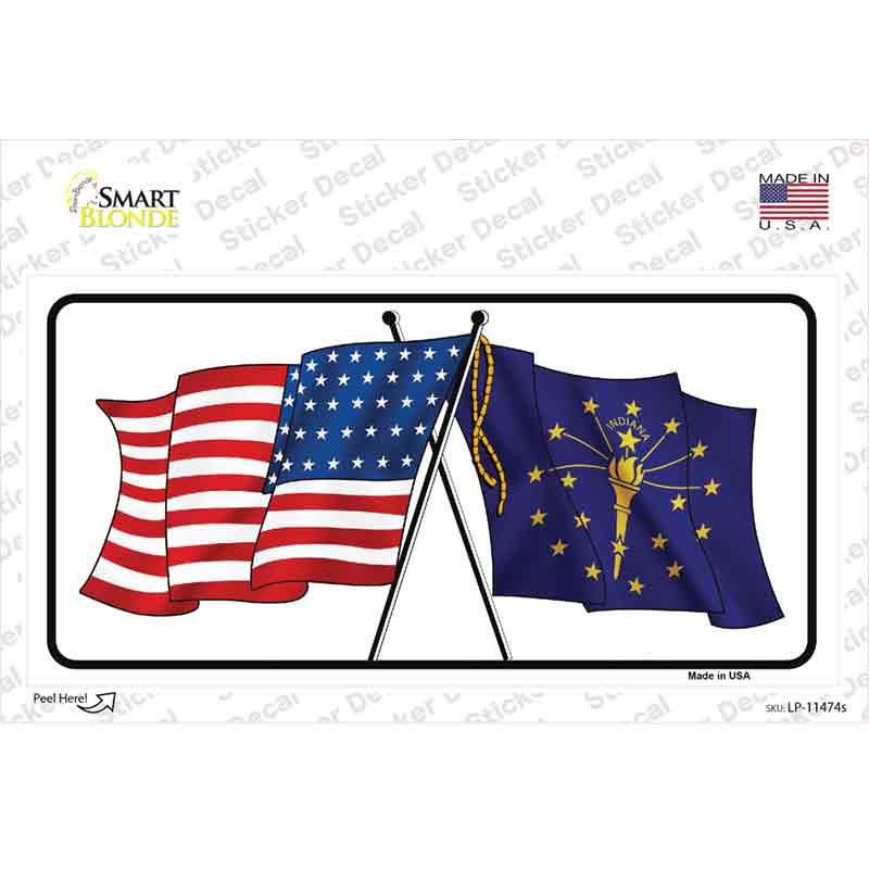 LP-11474s-M Indiana Crossed US Flag Novelty Sticker Decal - Medium
