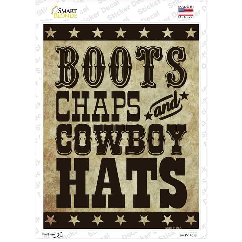 P-1455s-M Boots Chaps Cowboy Hats Novelty Rectangle Sticker Decal - Medium