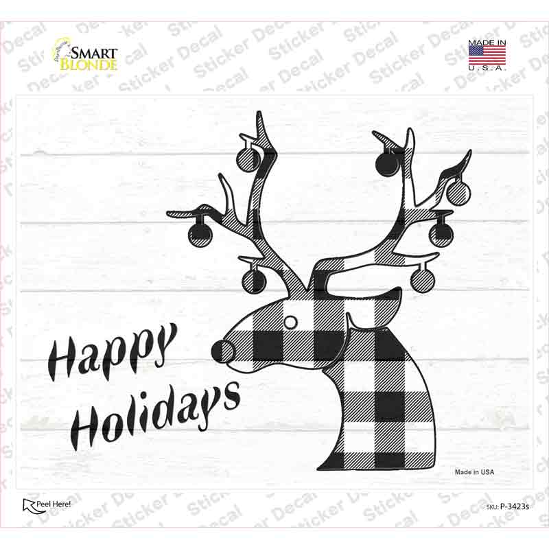 P-3423s-M Happy Holidays Black Plaid Novelty Rectangle Sticker Decal - Medium
