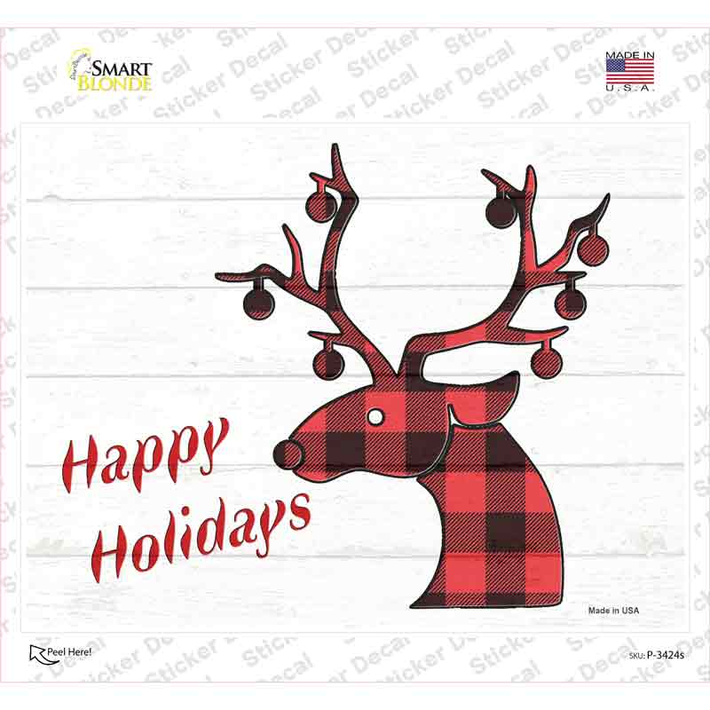 P-3424s-M Happy Holidays Red Plaid Novelty Rectangle Sticker Decal - Medium