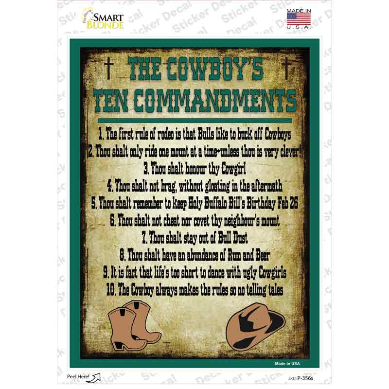 P-356s-M Cowboys Ten Commandments Green Novelty Rectangle Sticker Decal - Medium