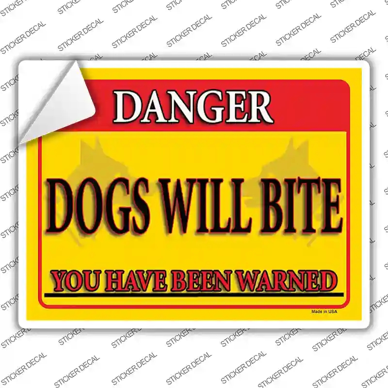 P-4192s-S Dogs Will Bite Yellow Novelty Rectangular Sticker Decal - Small