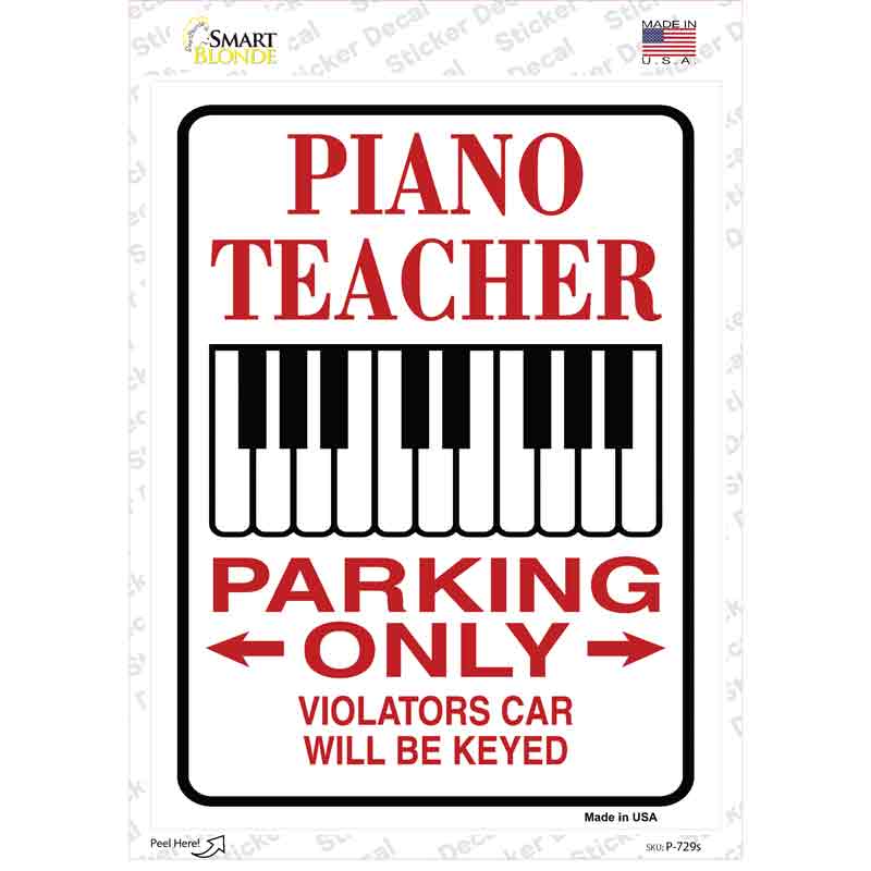 P-729s-M Piano Teacher Parking Novelty Rectangle Sticker Decal - Medium