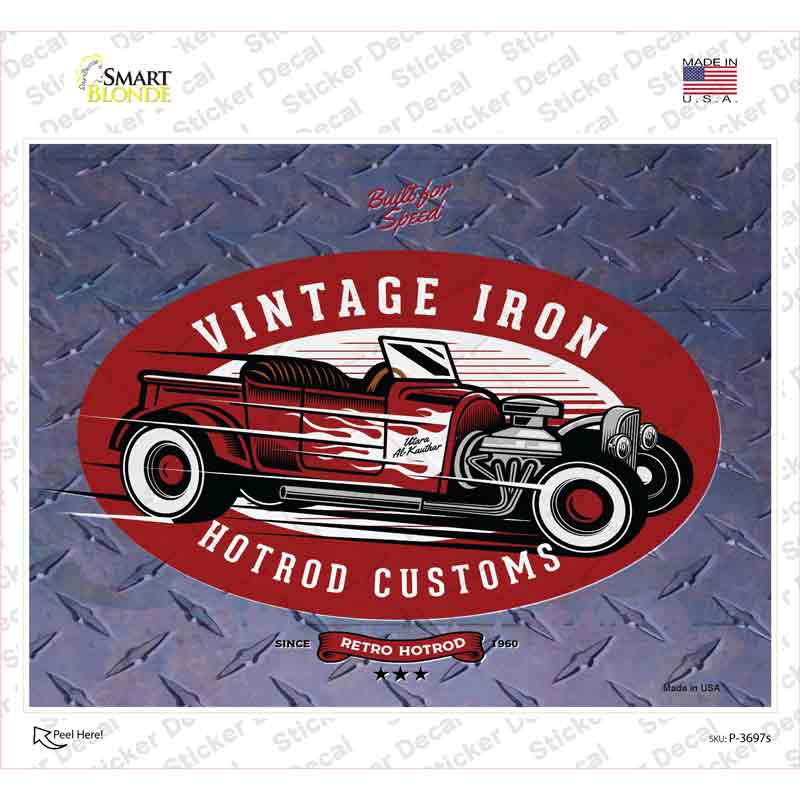 P-3697s-M Vintage Iron Red Hotrod Novelty Rectangle Sticker Decal - Medium
