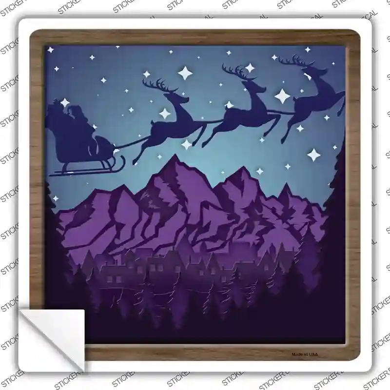 SQ-1352s-XL Santa Over Mountains Shadow Box Novelty Square Sticker Decal - Extra Large
