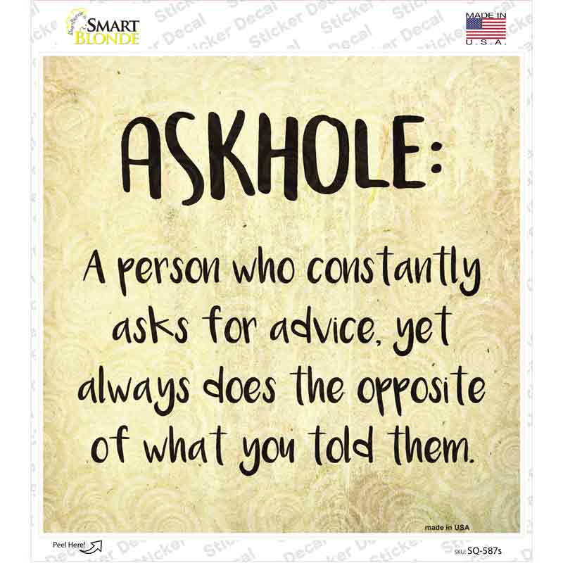 SQ-587s-M Askhole Definition Novelty Square Sticker Decal - Medium