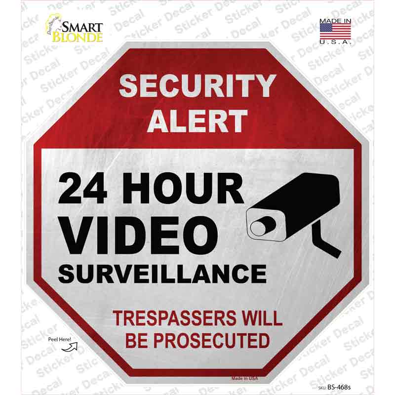 BS-468s-M Security Alert 24 Hour Video Novelty Octagon Sticker Decal - Medium