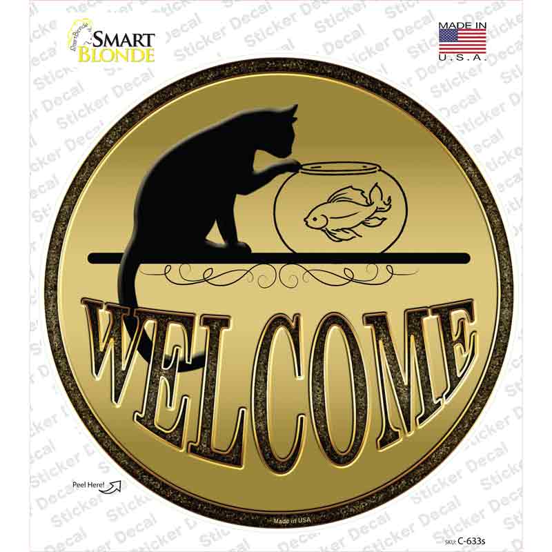 C-633s-M Welcome with Cat Novelty Circle Sticker Decal - Medium