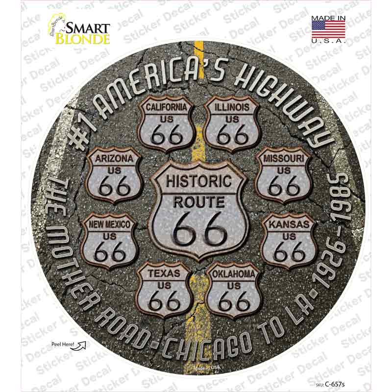 C-657s-M Route 66 Black Top Novelty Circle Sticker Decal - Medium