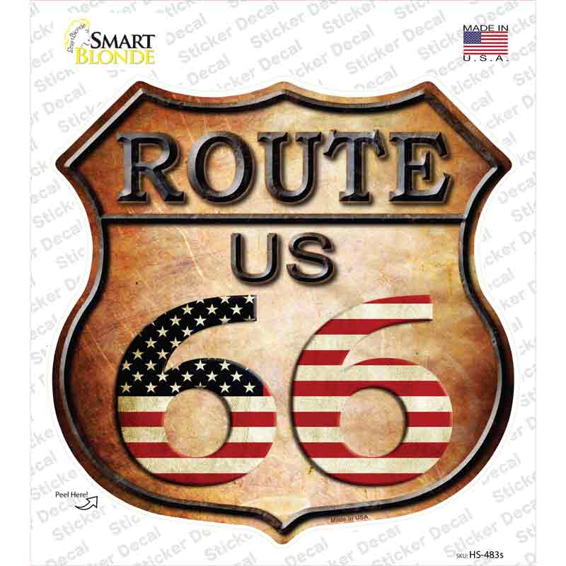 HS-483s-M Route 66 American Flag Novelty Highway Shield Sticker Decal - Medium
