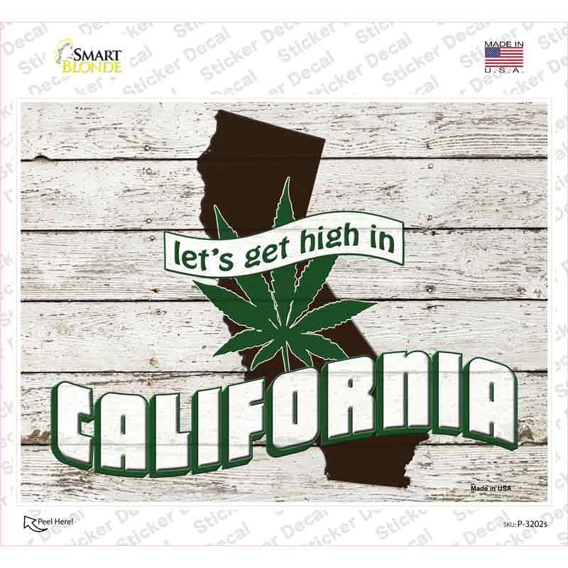 P-3202s-M Get High in California Novelty Rectangle Sticker Decal - Medium