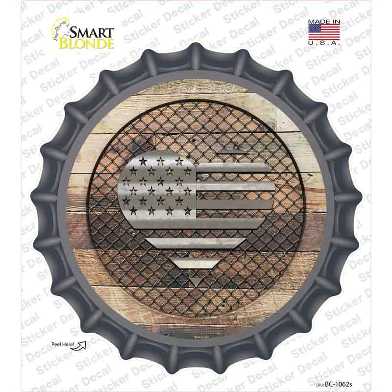 BC-1062s-M American Flag Heart on Wood Novelty Bottle Cap Sticker Decal - Medium