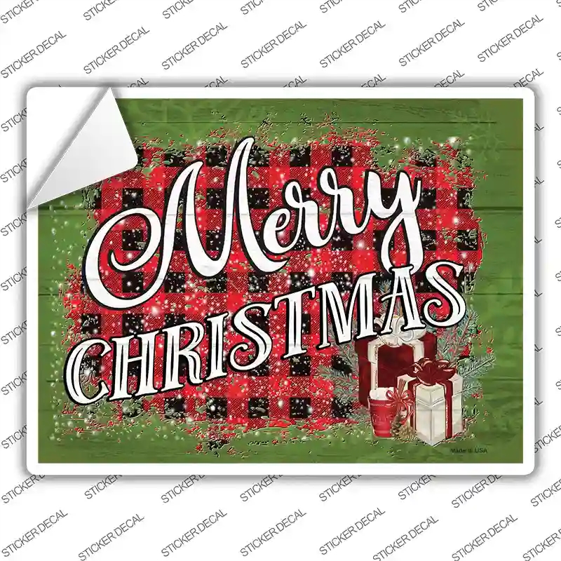 P-3914s-S Merry Christmas Plaid Novelty Rectangle Sticker Decal - Small