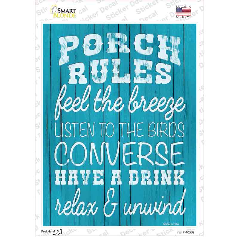 P-4053s-M Porch Rules Novelty Rectangle Sticker Decal - Medium
