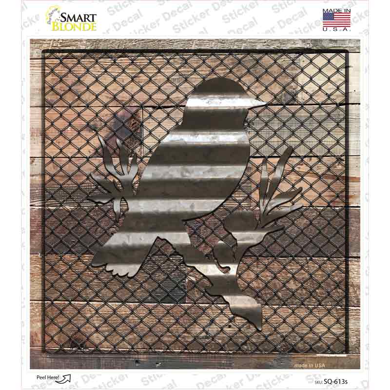 SQ-613s-M Corrugated Bird on Wood Novelty Square Sticker Decal - Medium