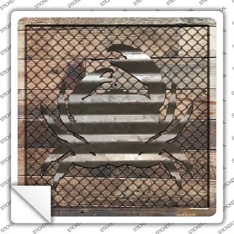 SQ-617s-S Corrugated Crab on Wood Novelty Square Sticker Decal - Small