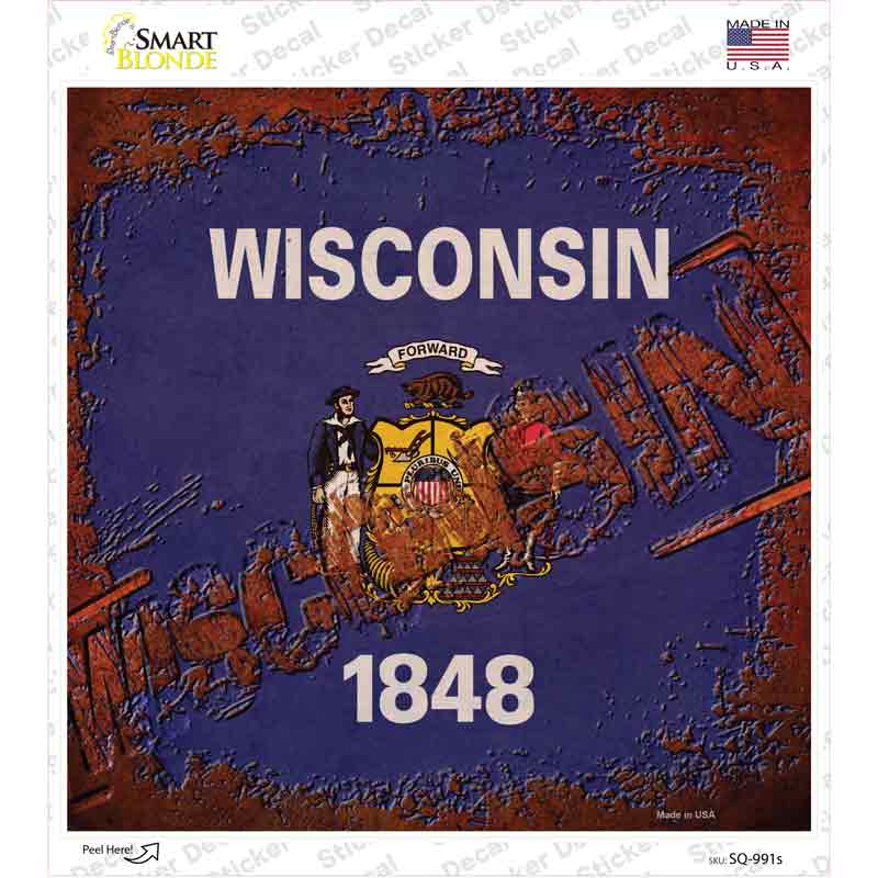 SQ-991s-M Wisconsin Rusty Stamped Novelty Square Sticker Decal - Medium