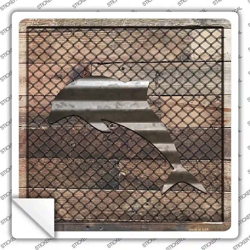 SQ-633s-L Corrugated Dolphin on Wood Novelty Square Sticker Decal - Large