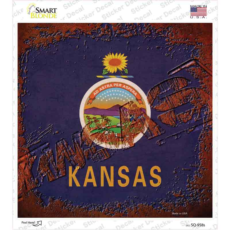 SQ-958s-M Kansas Rusty Stamped Novelty Square Sticker Decal - Medium