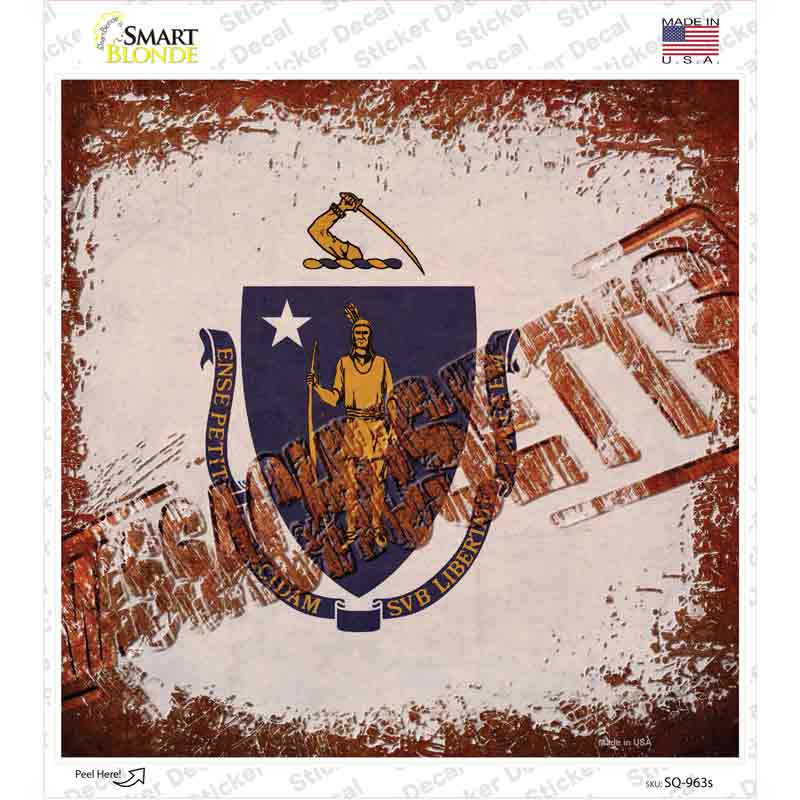 SQ-963s-M Massachusetts Rusty Stamped Novelty Square Sticker Decal - Medium