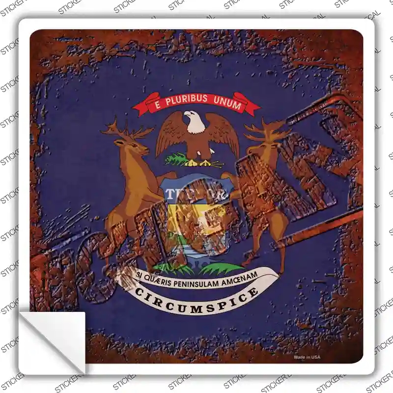 SQ-964s-L Michigan Rusty Stamped Novelty Square Sticker Decal - Large
