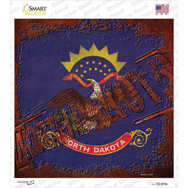 SQ-976s-M North Dakota Rusty Stamped Novelty Square Sticker Decal - Medium