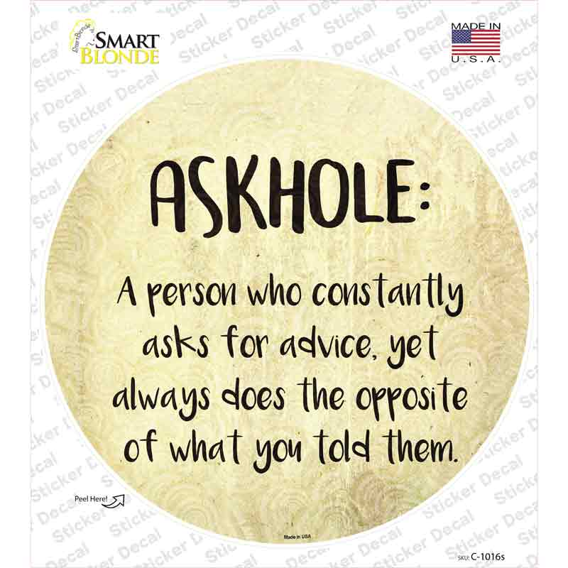 C-1016s-M Askhole Definition Novelty Circle Sticker Decal - Medium