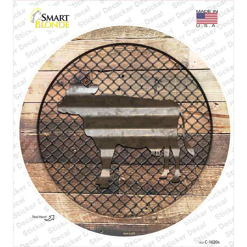 C-1020s-M Cow on Wood Novelty Circle Sticker Decal - Medium