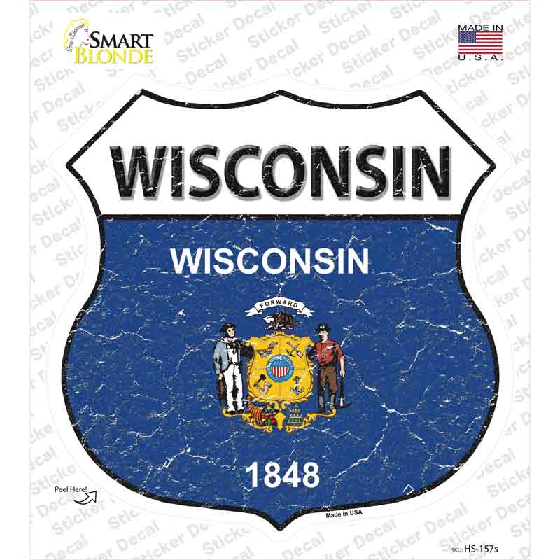 HS-157s-M Wisconsin Flag Novelty Highway Shield Sticker Decal - Medium
