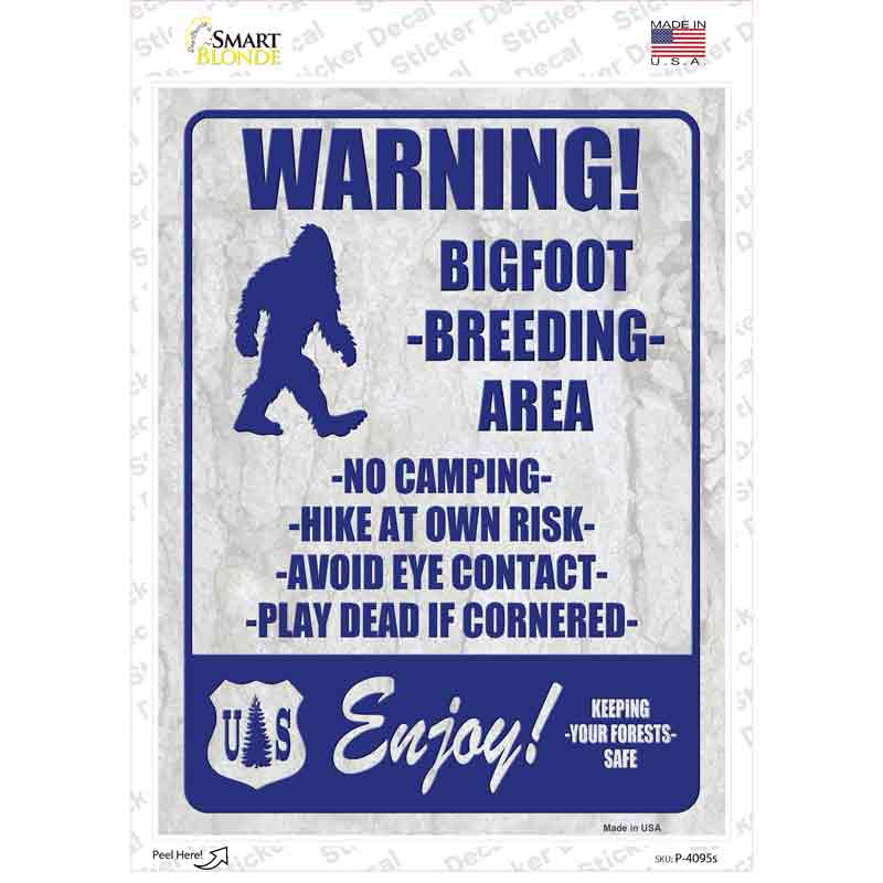 P-4095s-M Warning Bigfoot Breading Area Novelty Rectangle Sticker Decal - Medium
