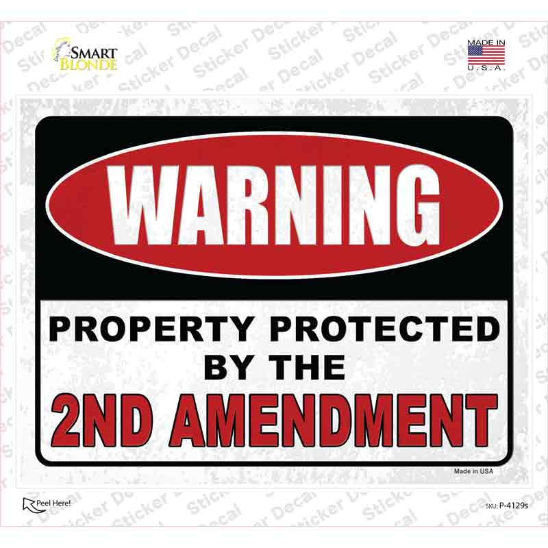 P-4129s-M Warning Protected by the 2nd Novelty Rectangular Sticker Decal - Medium