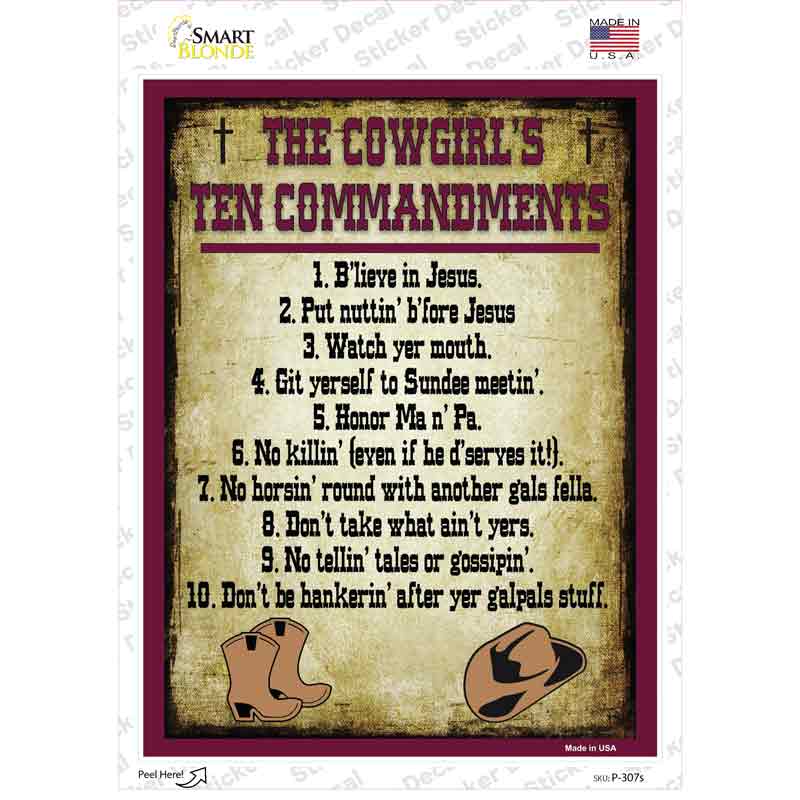 P-307s-M Cowgirls Ten Commandments Vertical Novelty Rectangle Sticker Decal - Medium