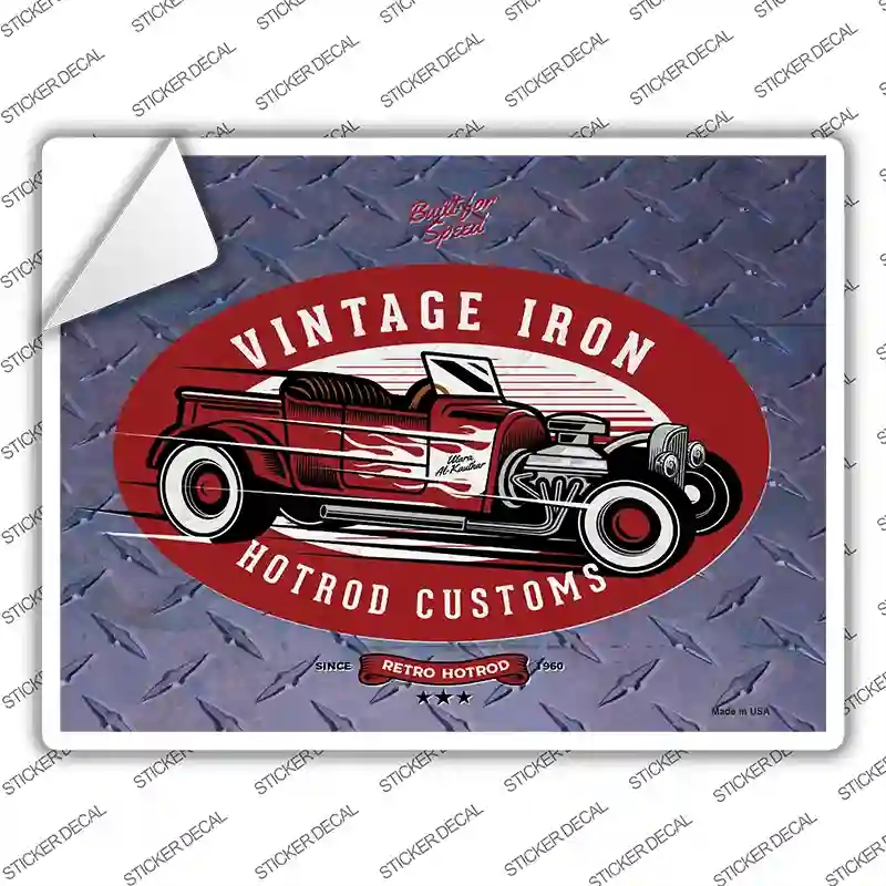 P-3697s-S Vintage Iron Red Hotrod Novelty Rectangle Sticker Decal - Small