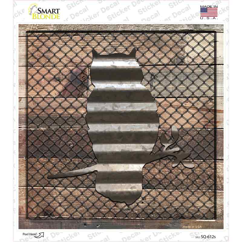 SQ-612s-M Corrugated Owl on Wood Novelty Square Sticker Decal - Medium