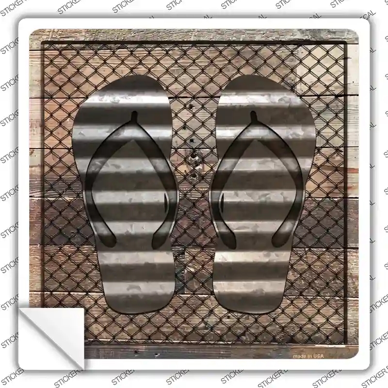 SQ-640s-S Corrugated Flip Flops on Wood Novelty Square Sticker Decal - Small
