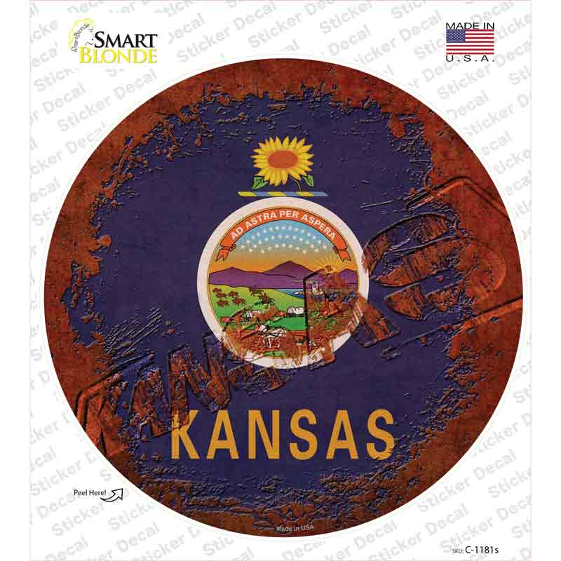 C-1181s-M Kansas Rusty Stamped Novelty Circle Sticker Decal - Medium