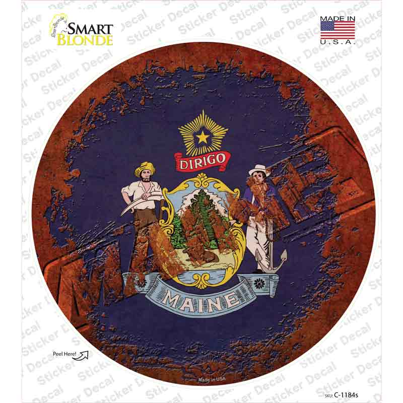 C-1184s-M Maine Rusty Stamped Novelty Circle Sticker Decal - Medium