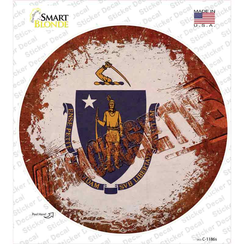C-1186s-M Massachusetts Rusty Stamped Novelty Circle Sticker Decal - Medium