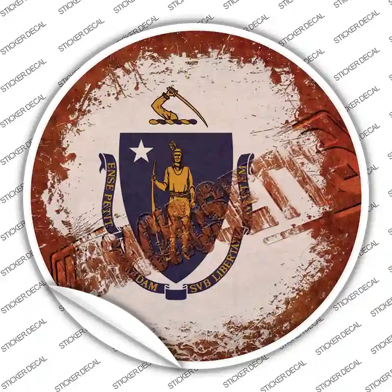 C-1186s-S Massachusetts Rusty Stamped Novelty Circle Sticker Decal - Small